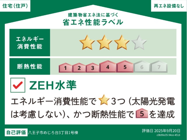 八王子市めじろ台3丁目の新築戸建て1号棟の省エネ性能ラベル