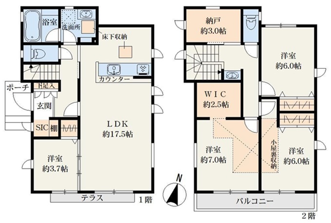 八王子市長沼町の新築戸建て2号棟の間取図