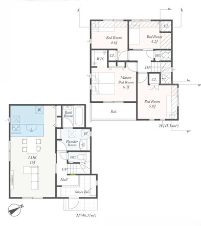 町田市玉川学園2丁目の新築戸建て1号棟の間取図の写真