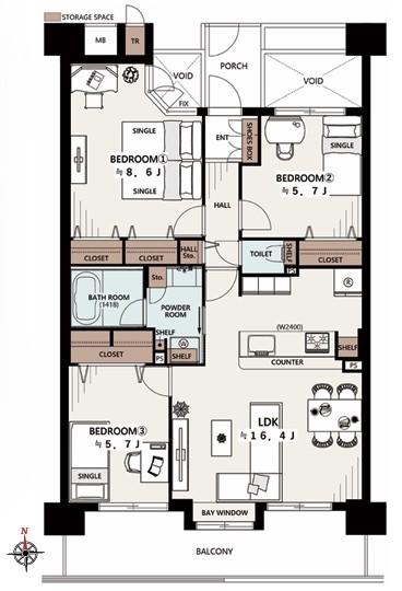 八王子市狭間町の中古マンションの間取図の写真