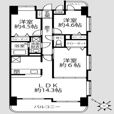 八王子市堀之内2丁目の中古マンションの間取図の写真