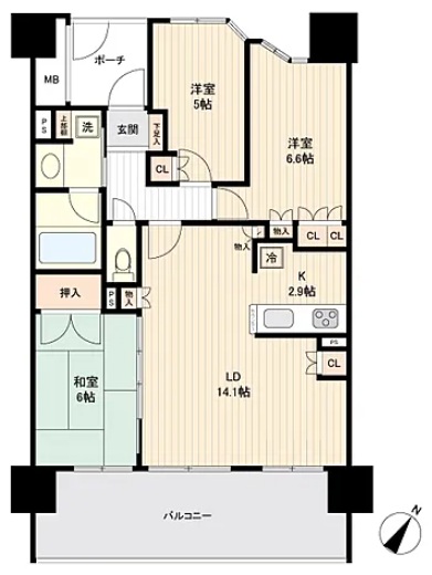 相模原市中央区上溝の中古マンション9階部分の間取図