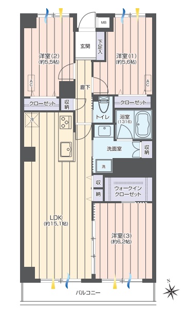 相模原市中央区鹿沼台2丁目の中古マンション4階部分の間取図