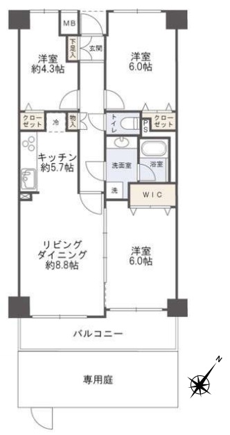 相模原市中央区田名の中古マンション1階部分の間取図