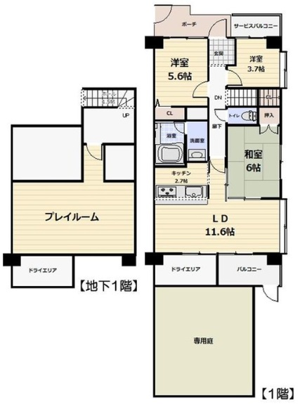 相模原市中央区矢部3丁目の中古マンション1階部分の間取図