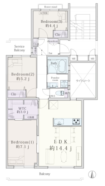 相模原市南区東林間1丁目の中古マンション3階部分の間取図