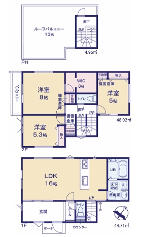 相模原市南区鵜野森3丁目の新築戸建て2号棟の間取図の写真