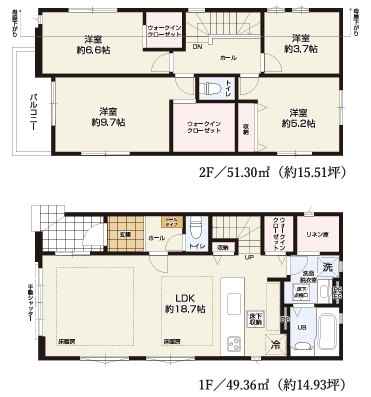 八王子市元本郷町2丁目の新築戸建ての2号棟の間取図の写真